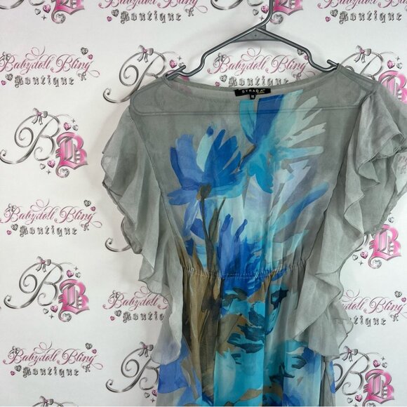 Strada fashion dress cinched flowy flowers smocked Gray and Blue High Low Dress - Picture 5 of 8